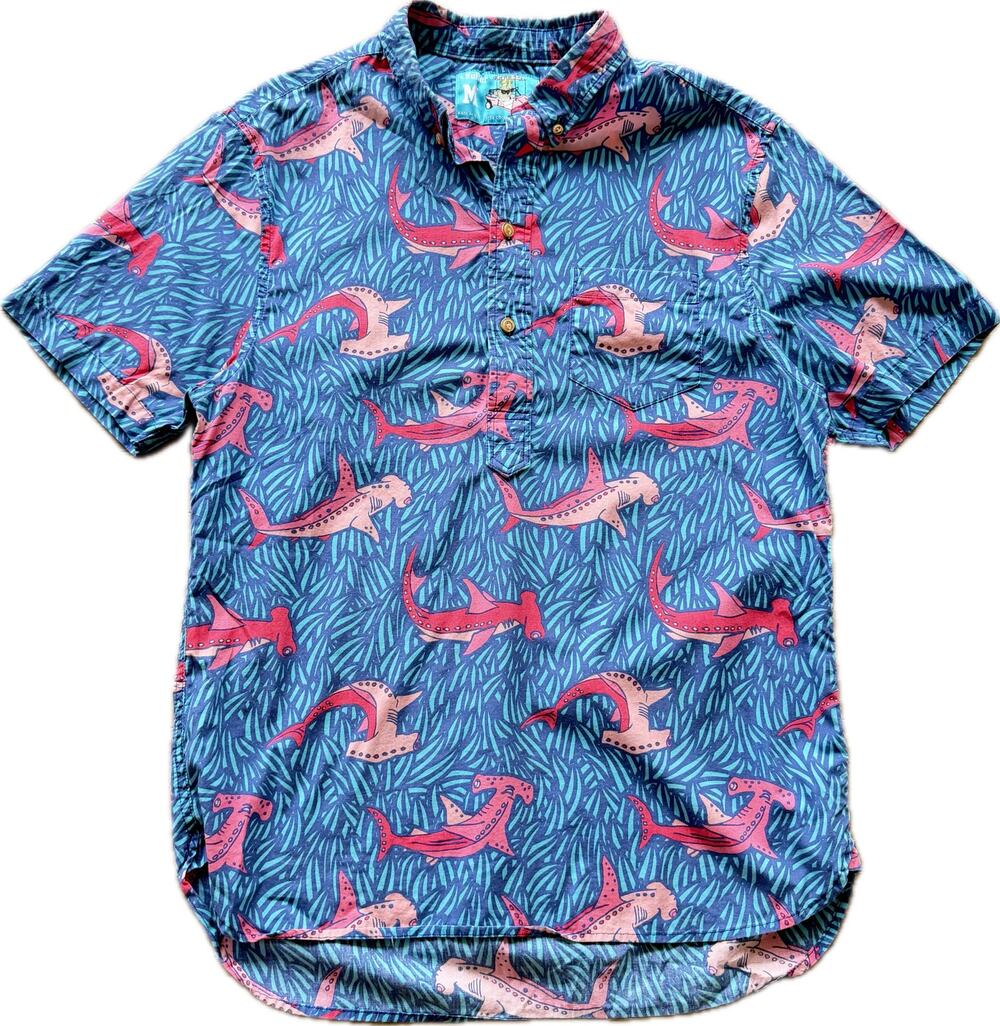 CHUBBIES The Nutter Hammerhead Shark Print Hawaiian Shirt Half Button USA Made M